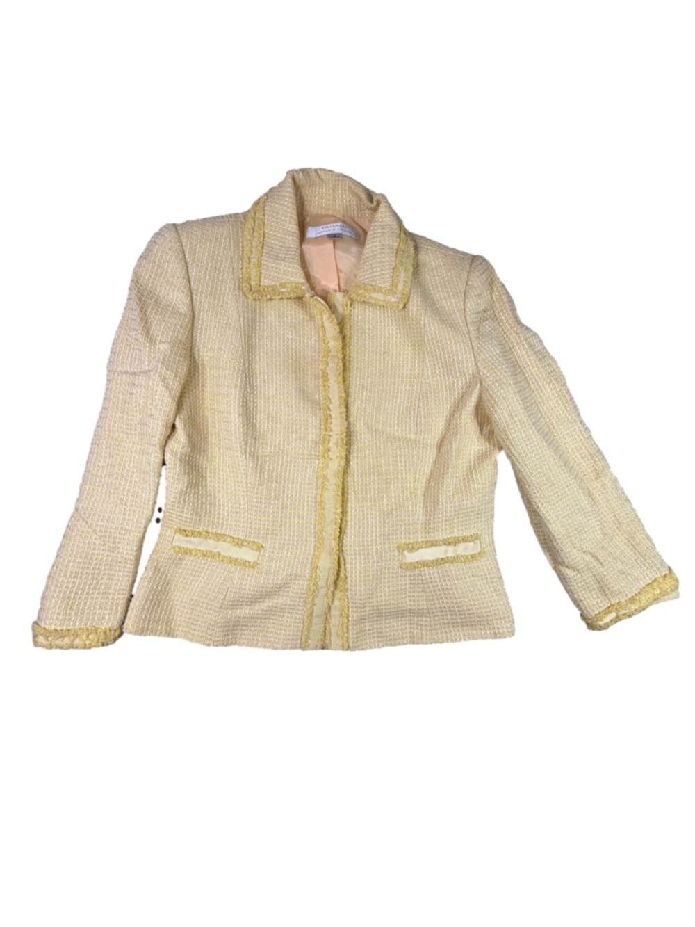 Tahari Arthur S Levine Yellow Tweed Skirt Suit Size 8 Fringe Trim 2 Piece - Picture 11 of 15